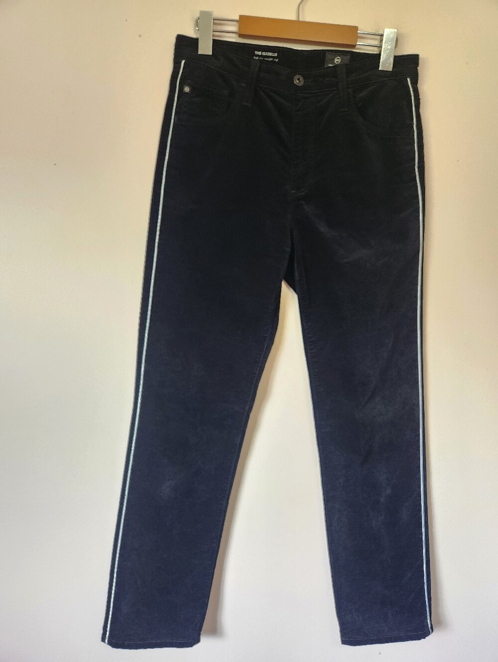 AG Jeans The Isabelle Black Velvet High Rise Straight Crop Pants Side Stripe 27